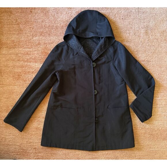 Portrait Black Reversible Hooded Rain Jacket Leopard Print Pockets Women S - Picture 1 of 7